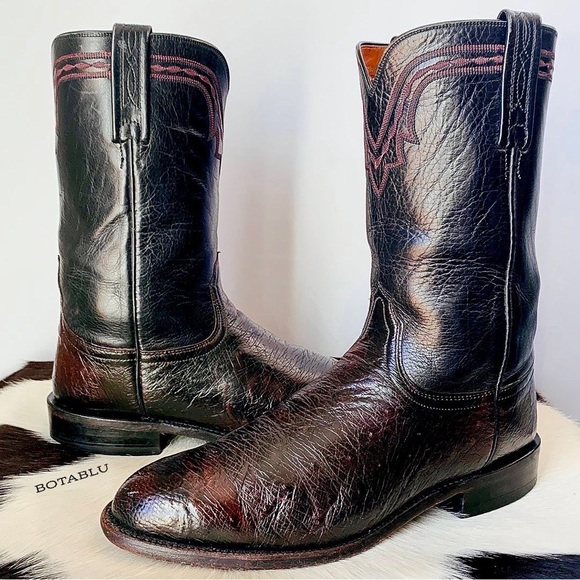 LUCCHESE Ostrich Leather Black Cherry Roper Cowboy Western Boots Men’s Size 9.5 - Picture 8 of 10